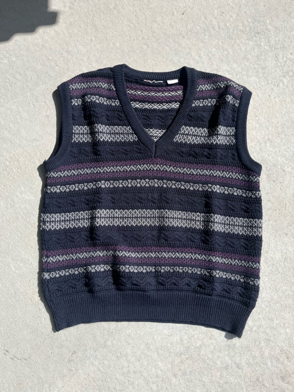 Women's Navy V-Neck Sweater with Gray & Purple Stripes